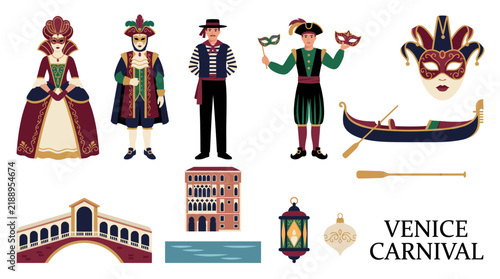 Venice carnival elements set with traditional costumes, masks and gondola