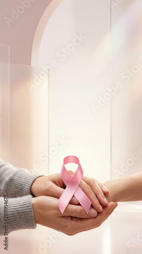 Supportive hands holding pink breast cancer awareness ribbon, minimalist 1990s commercial aesthetic, high-key background with copy space.