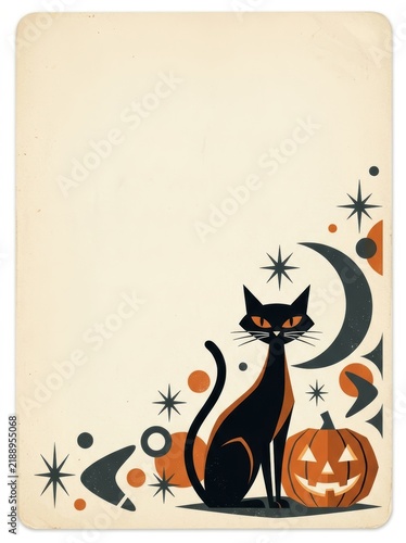 Retro Mid-Century Modern Halloween Background with Stylized Black Cat and Jack-o'-Lantern