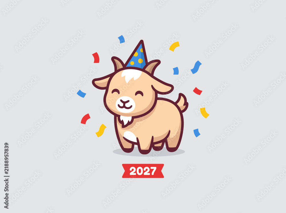 Obraz premium New Year 2027 Celebration Cute Baby Goat Mascot Wearing Party Hat