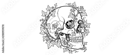 Canvas Print Macabre human skull entwined with creeping ivy vines