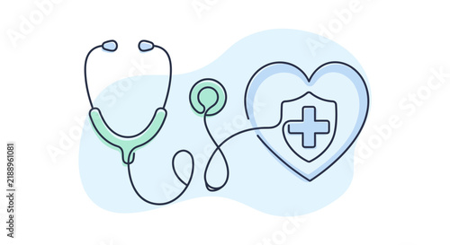 Healthcare diagnostic stethoscope paired with a medical shield protecting a stylized heart icon on background.