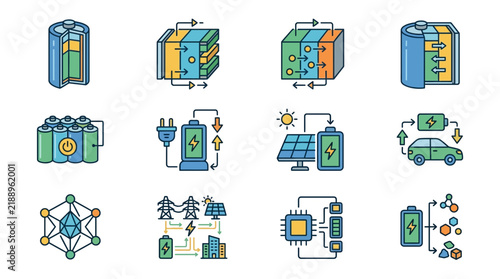 Battery technology icons set displaying energy storage systems and power generation components.