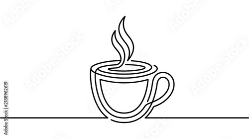 Coffee cup outline drawing featuring a hot steaming beverage in a continuous single line art composition.