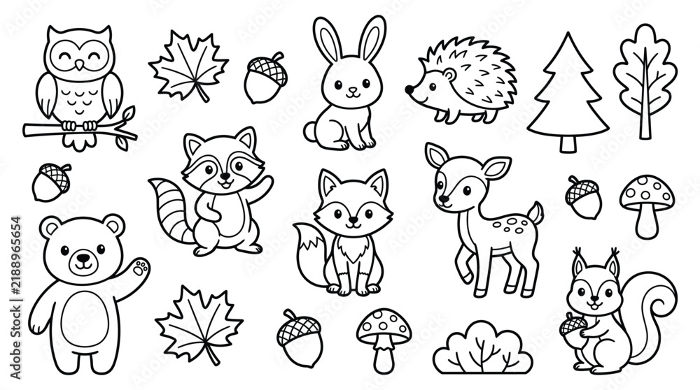 Obraz premium Cute forest animals and woodland elements doodle vector illustration set displayed clearly on white background