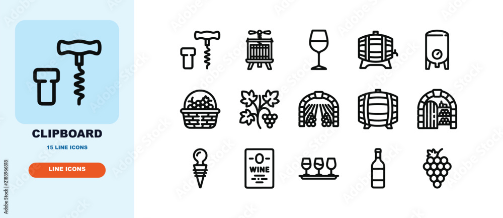 Obraz premium Wine themed line icons set including corkscrew and wine glass