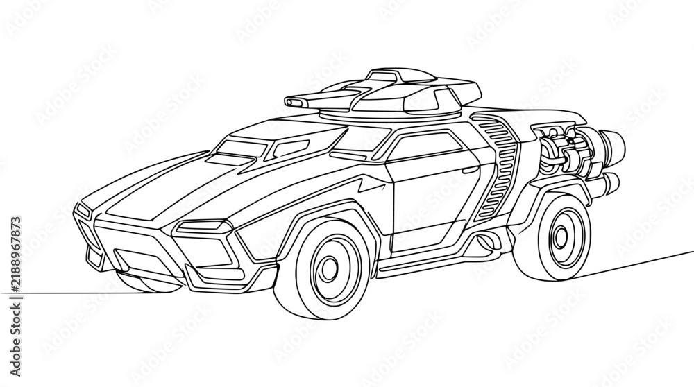 Fototapeta premium Futuristic Military Armored Vehicle Line Art Isolated