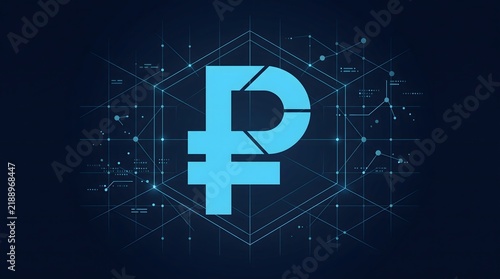 Obraz na płótnie Digital Ruble Symbol on a Futuristic Hexagonal Grid Background.