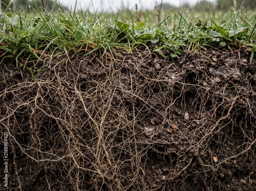 Macro view of underground root system in wet soil cross section