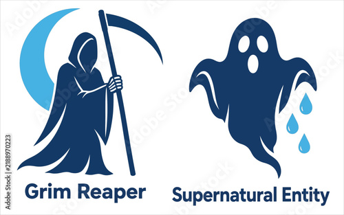 Fotografía Grim reaper with scythe and ghost supernatural entity icon set for spooky horror theme design element graphics