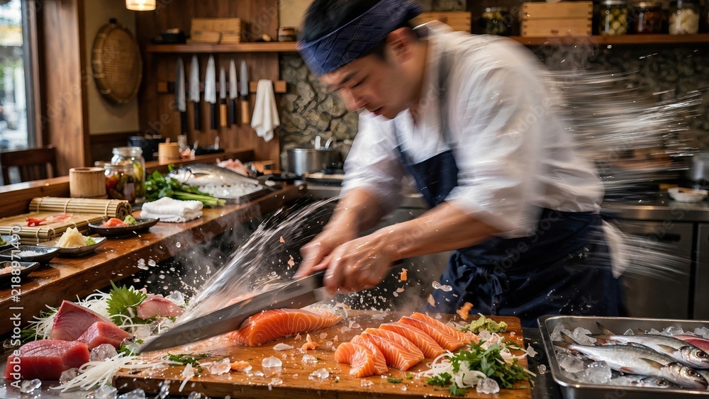 Obraz premium Dynamic motion blur shot of an Asian male sushi chef swiftly slicing raw fresh salmon with a sharp knife on a wooden board at a Japanese restaurant, with splashing water capturing the fast action