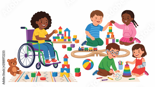 Diverse children with disabilities playing together with toys in a bright and cheerful setting