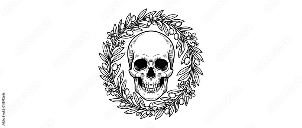 Fototapeta premium Skull framed by olive branch wreath, isolated illustration