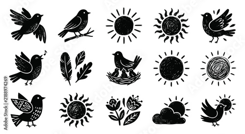 Collection of linocut style birds, suns, and nature elements in black and white.