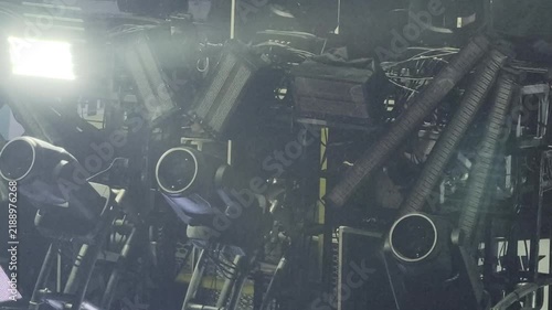 Professional Stage Lighting Equipment and Spotlights Installed on Rigging Structure for Concert or Event Setup