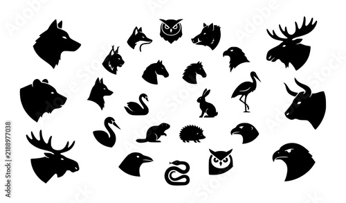Obraz na płótnie Ancient Slavic Animal Silhouette Collection with 20 Folk Wildlife Vector Icons