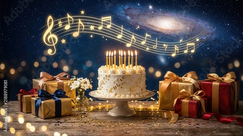 Happy birthday greeting card featuring a cake with burning candles and golden musical notes.