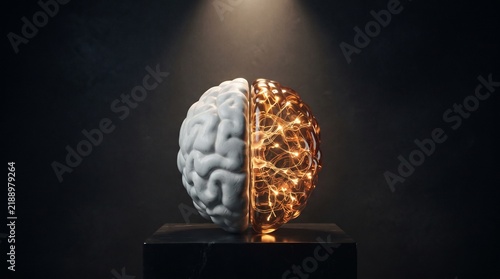 A human brain is presented in halves, with one side being a realistic gray texture and the other a glowing network of lights.