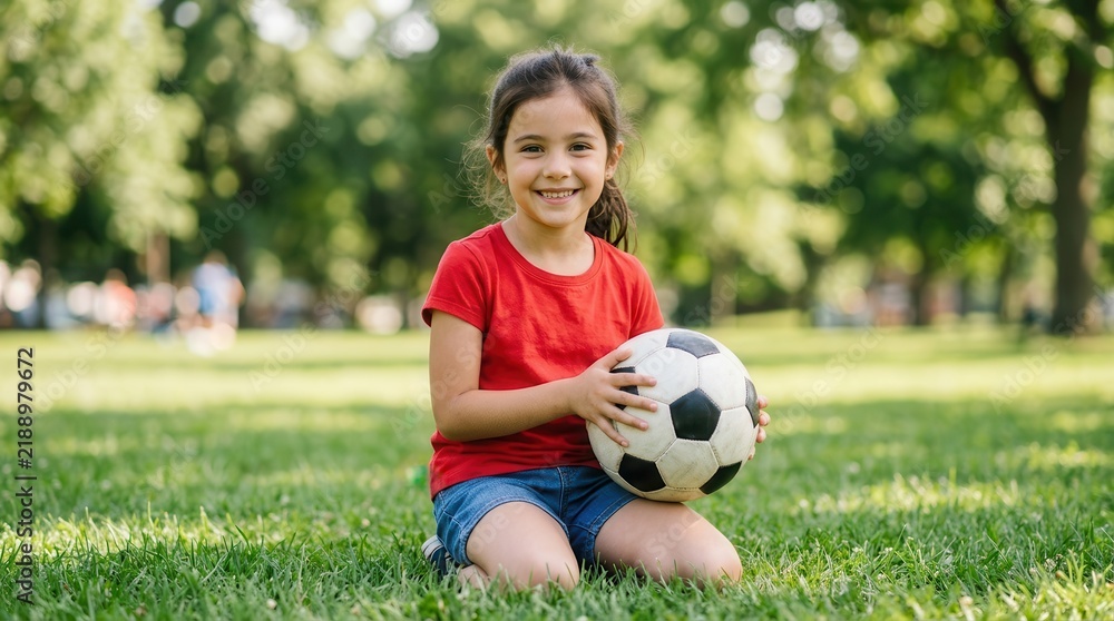 Obraz premium A young girl holding a football while sitting on the grass in a park.