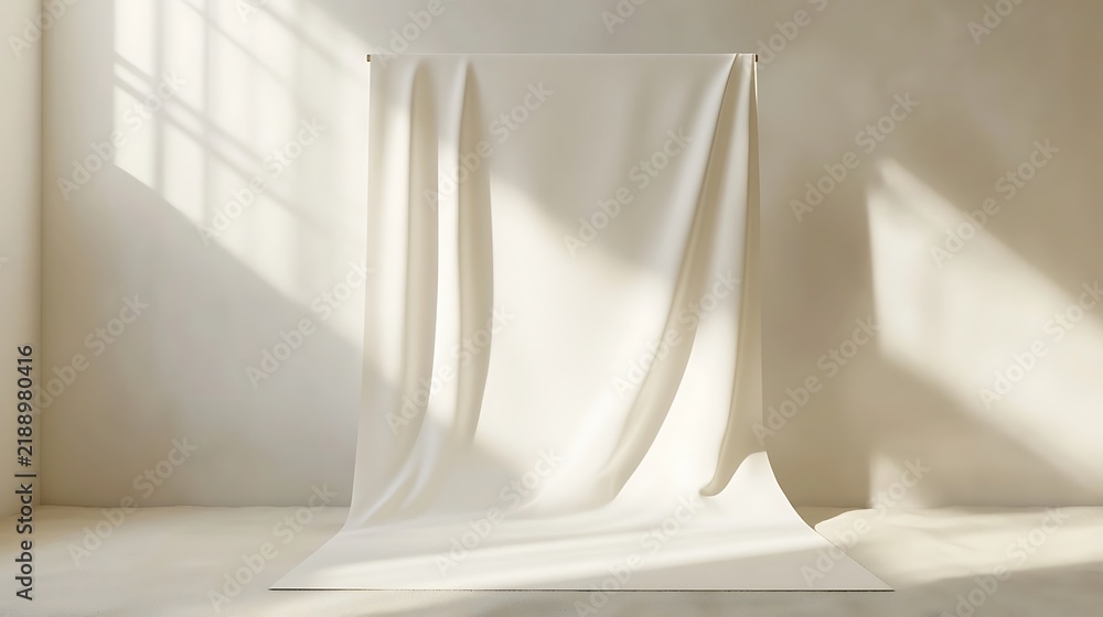 Fototapeta premium White cloth draped against a wall in a room, light cast from a window