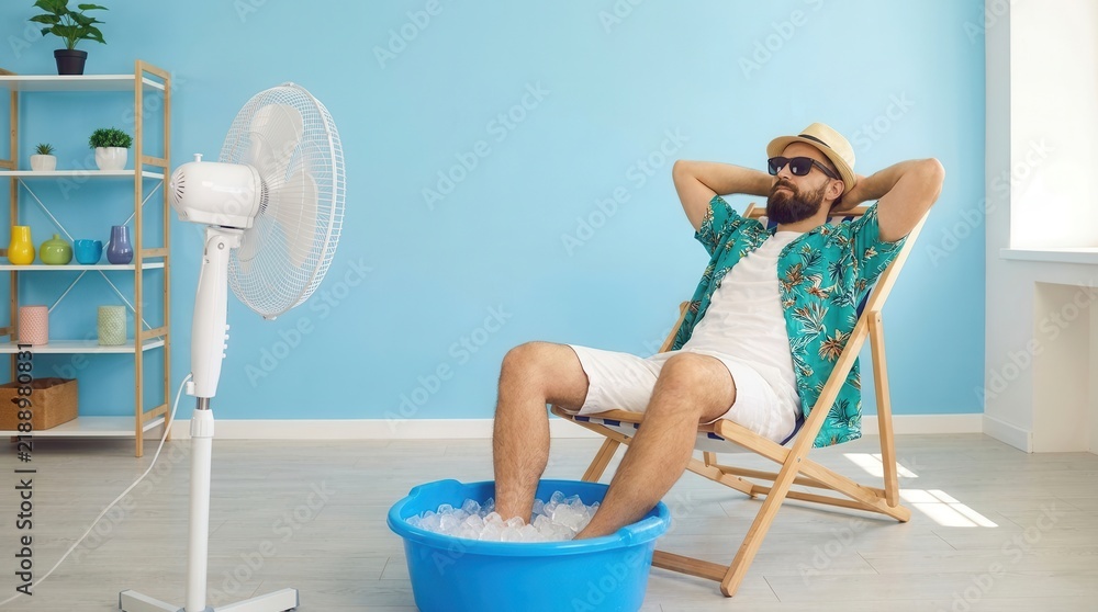Obraz premium Man in a tropical shirt and hat relaxing in a beach chair with a fan.