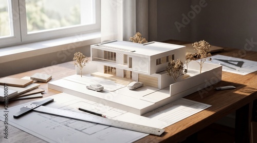 A modern architectural model of a multi-story house with minimalist design, surrounded by miniature trees and landscaping, placed on a wooden desk with drafting tools and blueprints.