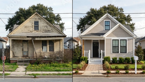 Before and after renovation of a small gray house exterior