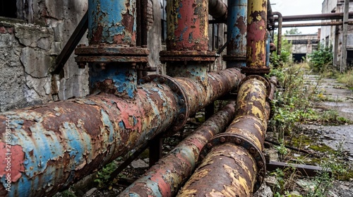 Dilapidated rusty pipes in an abandoned industrial building with overgrown vegetation, conveying a sense of decay and neglect
