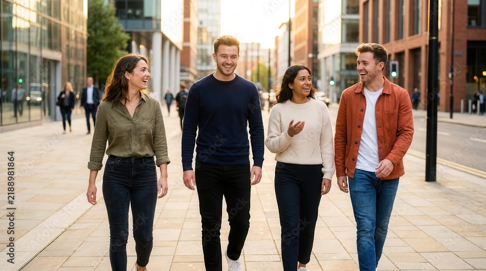 Obraz premium Four diverse friends laughing together while walking through a downtown city street.