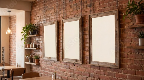 Three blank frames hanging on a rustic brick wall in a cozy cafe setting. Plants add a touch of green to the scene, creating a warm and inviting atmosphere