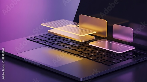 Futuristic technology concept with translucent screens hovering over keyboard