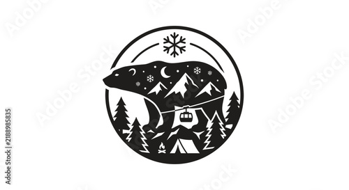 Polar bear emblem showcases a snowy winter mountain landscape and camping scene.