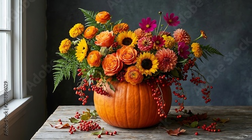 Festive autumn pumpkin floral centerpiece on wooden table