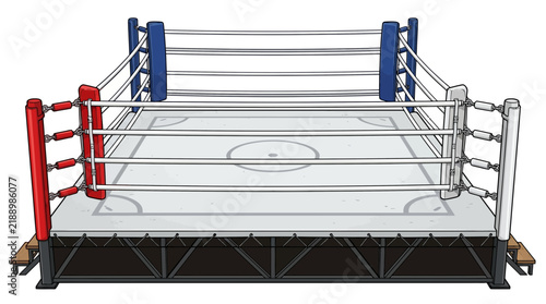 Professional boxing ring with red blue and white corner posts for combat sports.