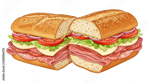A delicious fresh submarine sandwich cut in half with meat cheese and vegetables.