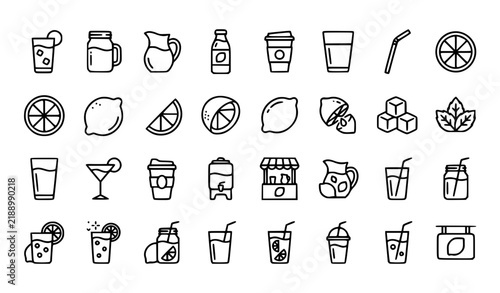 Lemonade Outline Icons Set, Black Editable Stroke Citrus Drink and Beverage Vector Collection