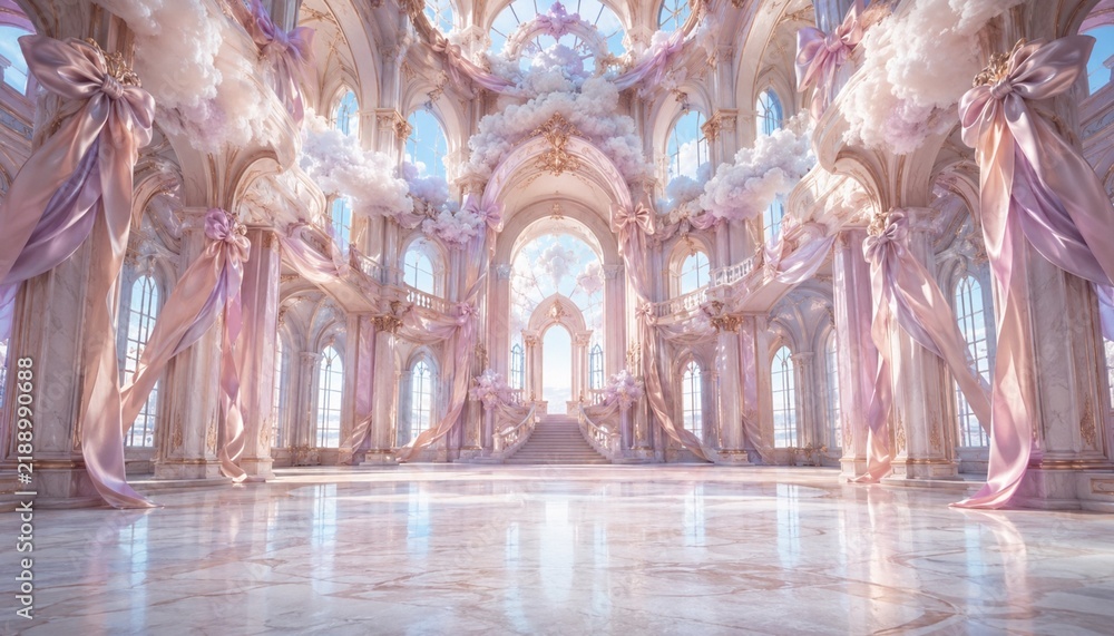 Obraz premium Dreamy pink fantasy palace hall with ribbons and clouds