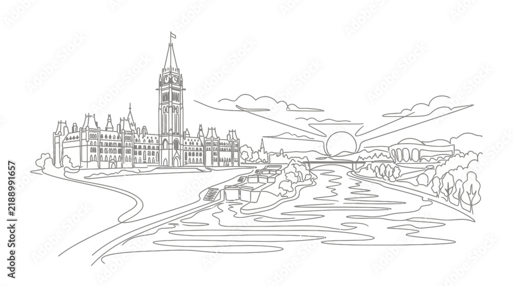 Obraz premium Minimalist Line Art Vector Illustration of a City Skyline by a River