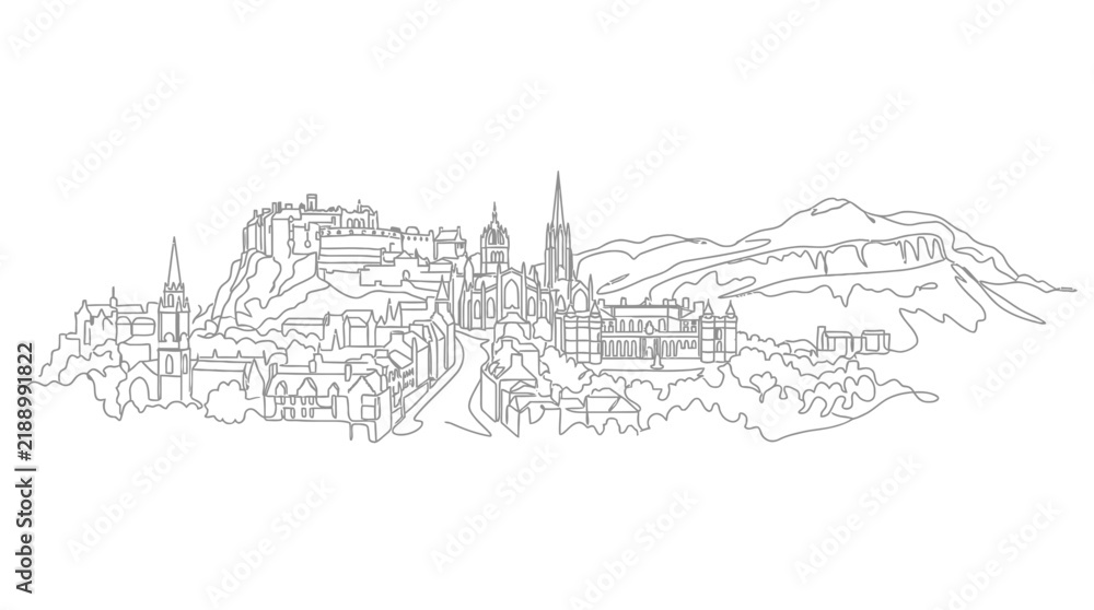Obraz premium Minimalist Continuous Line Drawing of a Historic Cityscape
