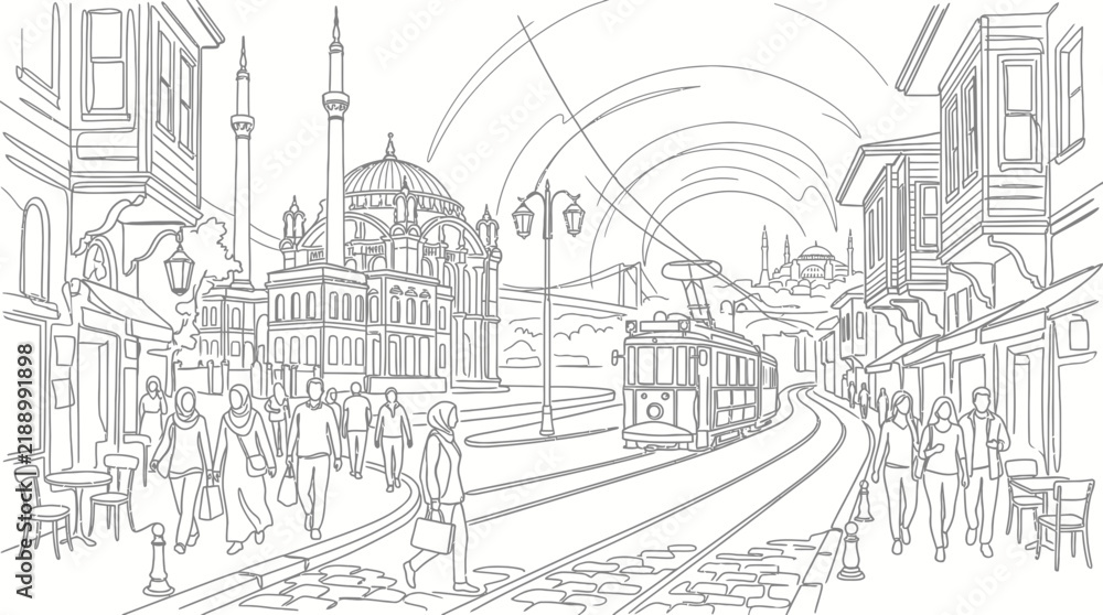 Fototapeta premium Line Art Illustration of Historic City Street with Tram