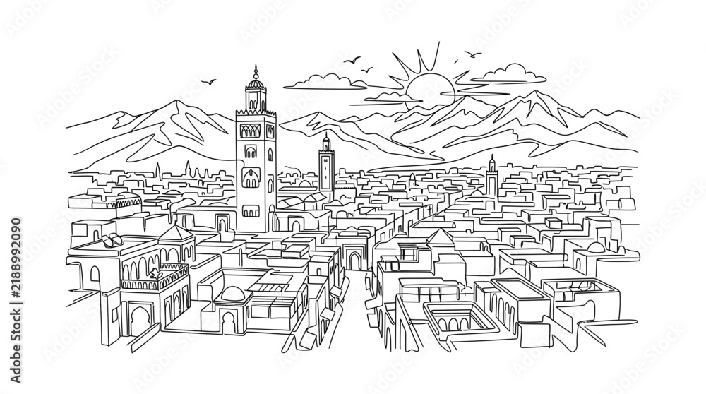 Obraz premium Hand Drawn Outline Illustration of an Ancient Oriental Cityscape