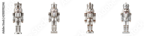 Collection of Silver Nutcracker Figures on White Background, Christmas Decoration