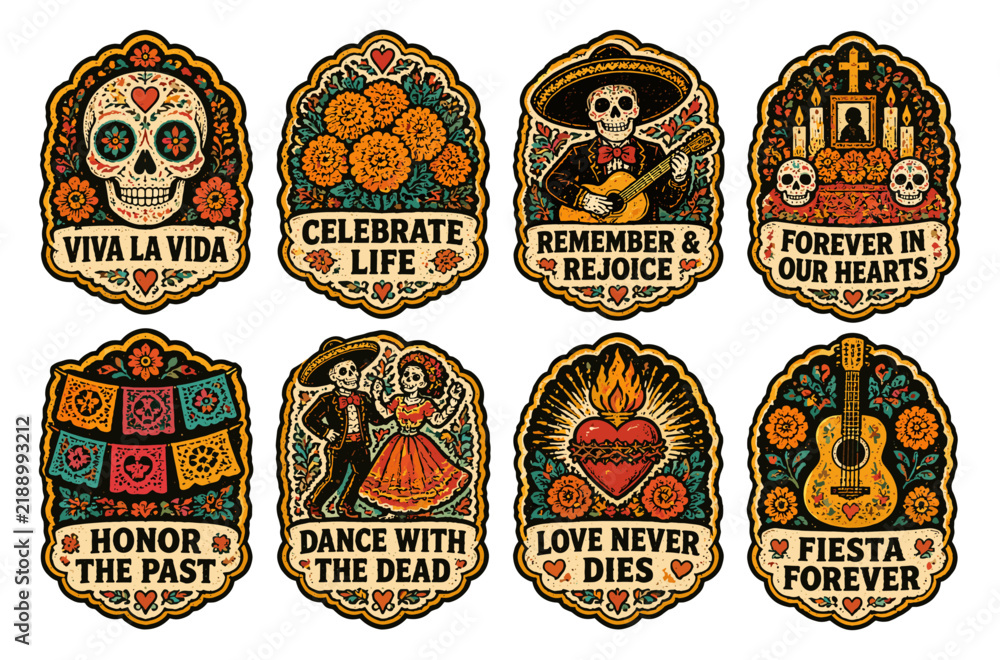 Fototapeta premium Day of the Dead Vintage Sticker Set and Mexican Folk Art Patches