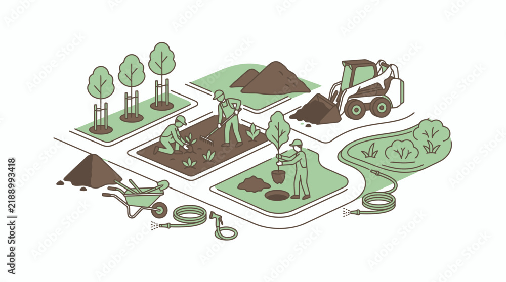 Fototapeta premium Modern Isometric of Landscaping and Gardening with Workers Tools and Machinery in Green and Brown