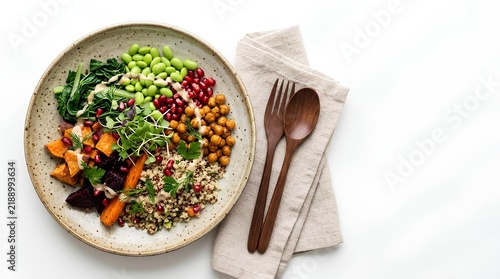Healthy vegetarian grain bowl with quinoa, roasted sweet potatoes, carrots, beets, chickpeas, edamame, pomegranate seeds, and fresh greens served in a ceramic dish on a white background.