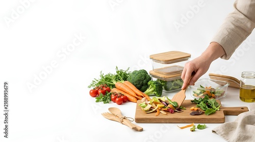 Person preparing fresh vegetables on a wooden cutting board with glass meal prep containers and bamboo lids on a white background, healthy vegan lifestyle concept.