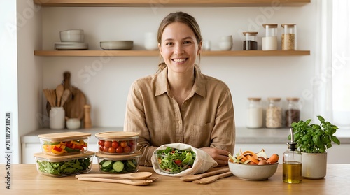 Smiling young woman in a bright modern kitchen with organized glass meal prep containers filled with fresh peppers, tomatoes, cucumbers, and leafy greens on a wooden table.