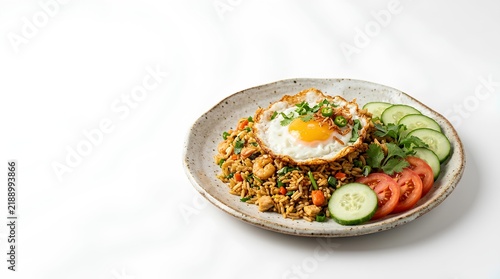 Traditional Indonesian fried rice with sunny-side-up egg, shrimp, chicken, sliced cucumbers, and tomatoes on a ceramic plate against a white background.