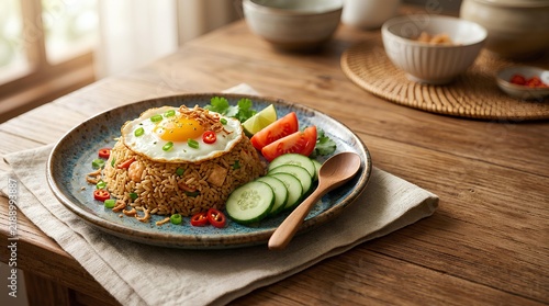 Traditional Indonesian Nasi Goreng fried rice topped with a sunny side up fried egg, served with fresh cucumber slices, tomato wedges, lime, and red chili on a rustic wooden table.