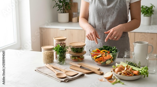 Woman in grey apron preparing fresh vegetable salad in a bright modern kitchen with glass storage jars, wooden utensils, and healthy ingredients on a white countertop.